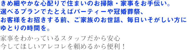 きめ細やかな心配りで住まいのお掃除・家事をお手伝い。選べるプランでたとえばパーティーや冠婚葬祭、お客様をお招きする前、ご家族のお世話、毎日いそがしい方にゆとりの時間を。家事をわかっているスタッフだから安心。今してほしいアレコレを頼めるから便利！